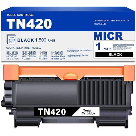 (1-Black) TN420 TN-420 Toner Cartridge Compatible MICR Replacement for Brother DCP-7060D 7065D MFC-7240 7365DN 7860DW HL-2130 2230 2242D 2270DW 2280DW Intellifax 2840 2940 Printers