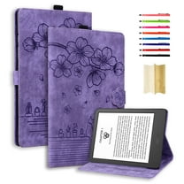 Nalacover Case for Kindle 11th Generation (2022), Flower Embossed Pattern PU Leather Flip Cover with Card Slots Holder Auto Wake/Sleep Kickstand TPU Shockproof Case, Purple