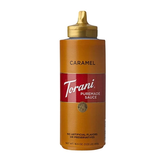 Torani Caramel Puremade Sauce Squeeze Bottle cs 8/16.5 oz