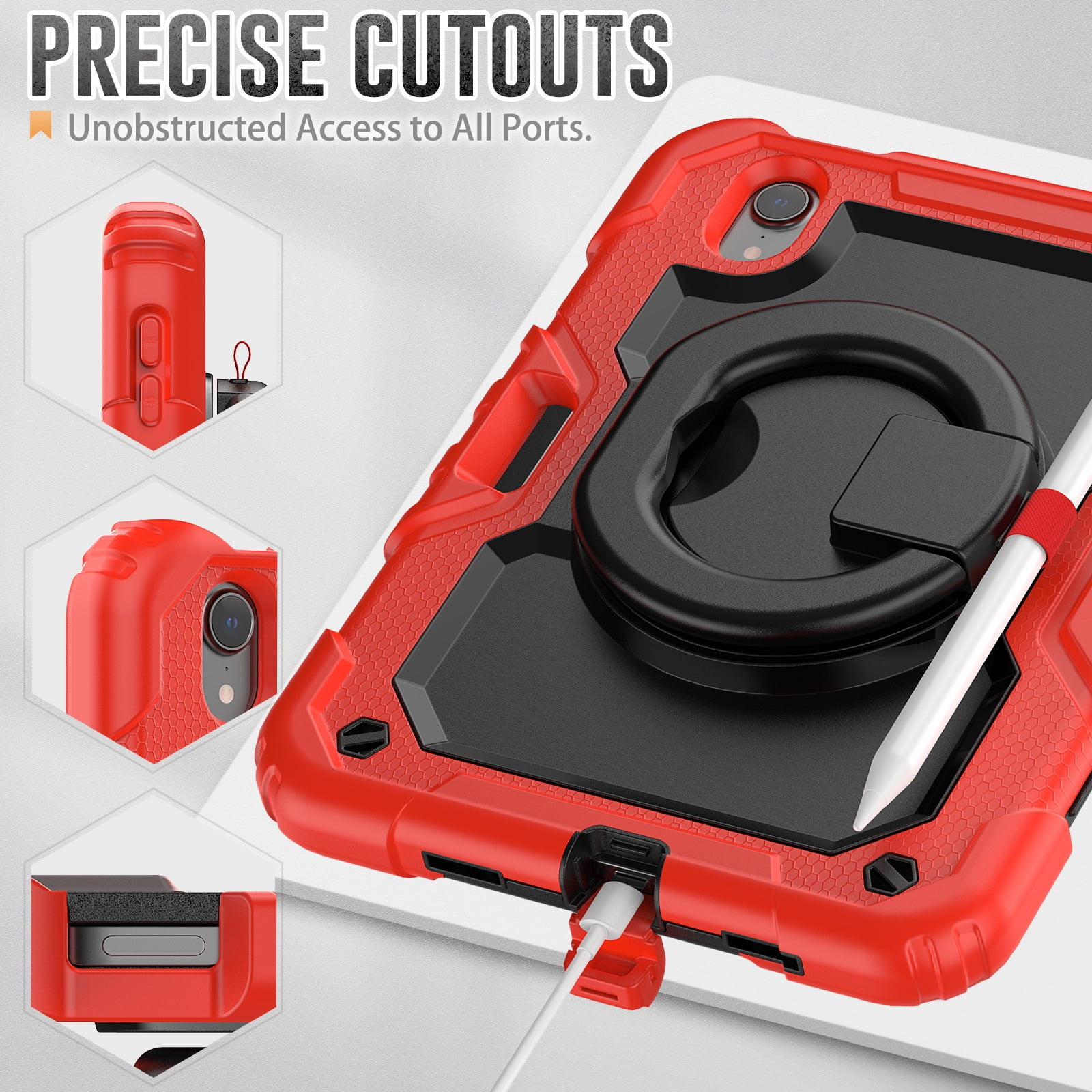 iPad Mini 6 Case 2021, Dteck 360 Rotating Heavy Duty Shockproof with Rugged Stand Pencil Holder for Kids Case for iPad Mini 6th Generation 8.3 Inch - Shoulder Strap, Screen Protector, Red