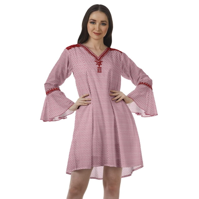 Moomaya Robes Mini Imprimées Col en V Femmes Manches à Volants Robes de Plage Femmes