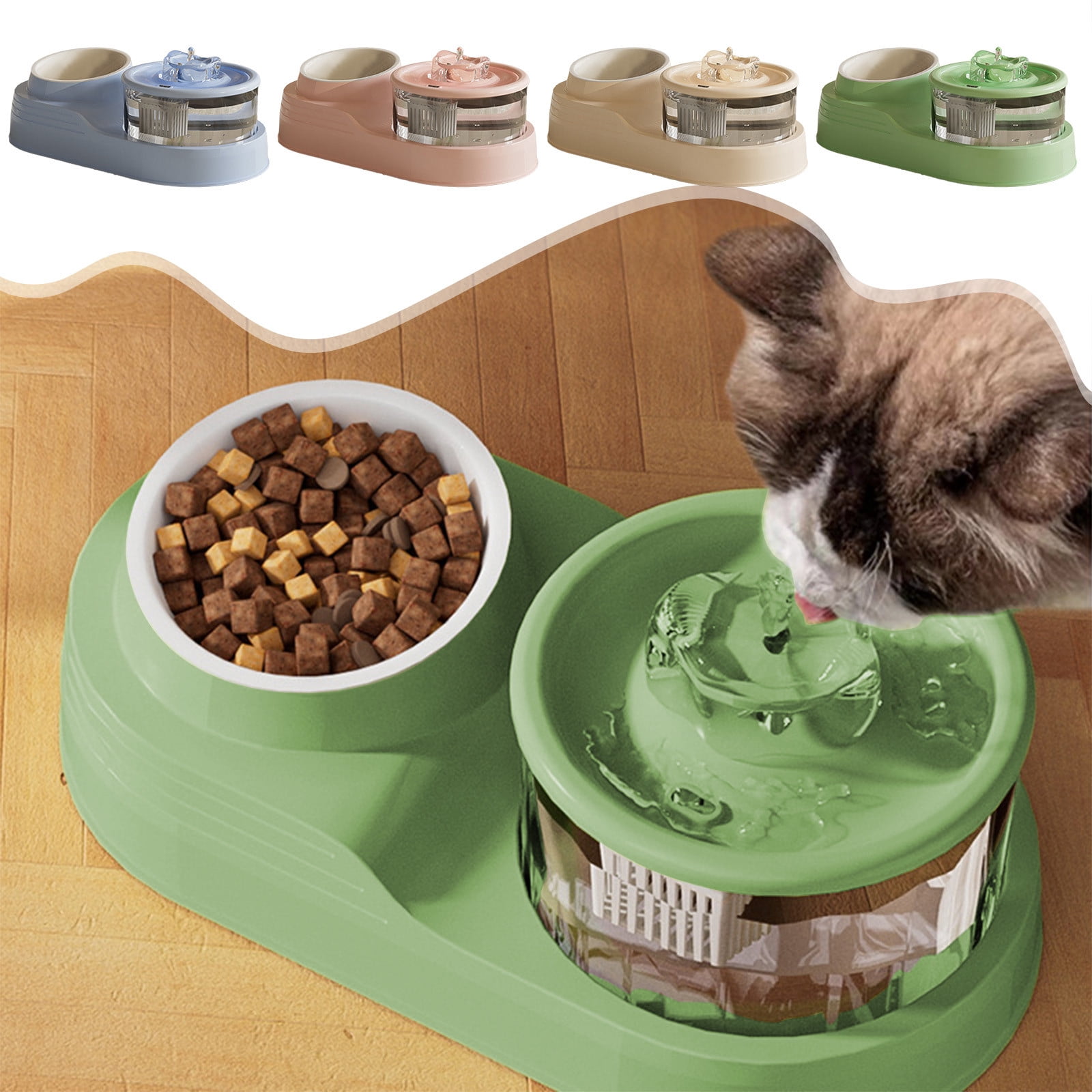 COM1950s Automatic Cat Water Fountain with Food Bowl,2 in 1 Pet Feeder and Drinking Fountain with Splash-Free Design,Anti-Slide Base for Cats and Small Dogs