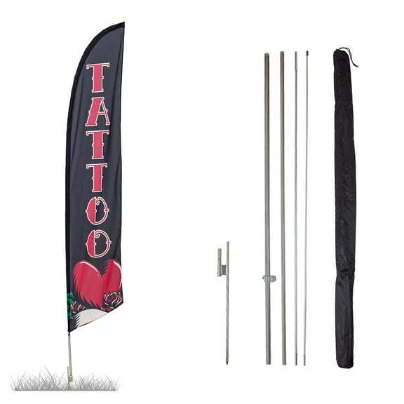 Tattoo Feather Flag Kits - 13.5ft Flag Complete Pole Set with Ground Stake - Great for Businesses, Storefronts, Sales - Printed in The USA
