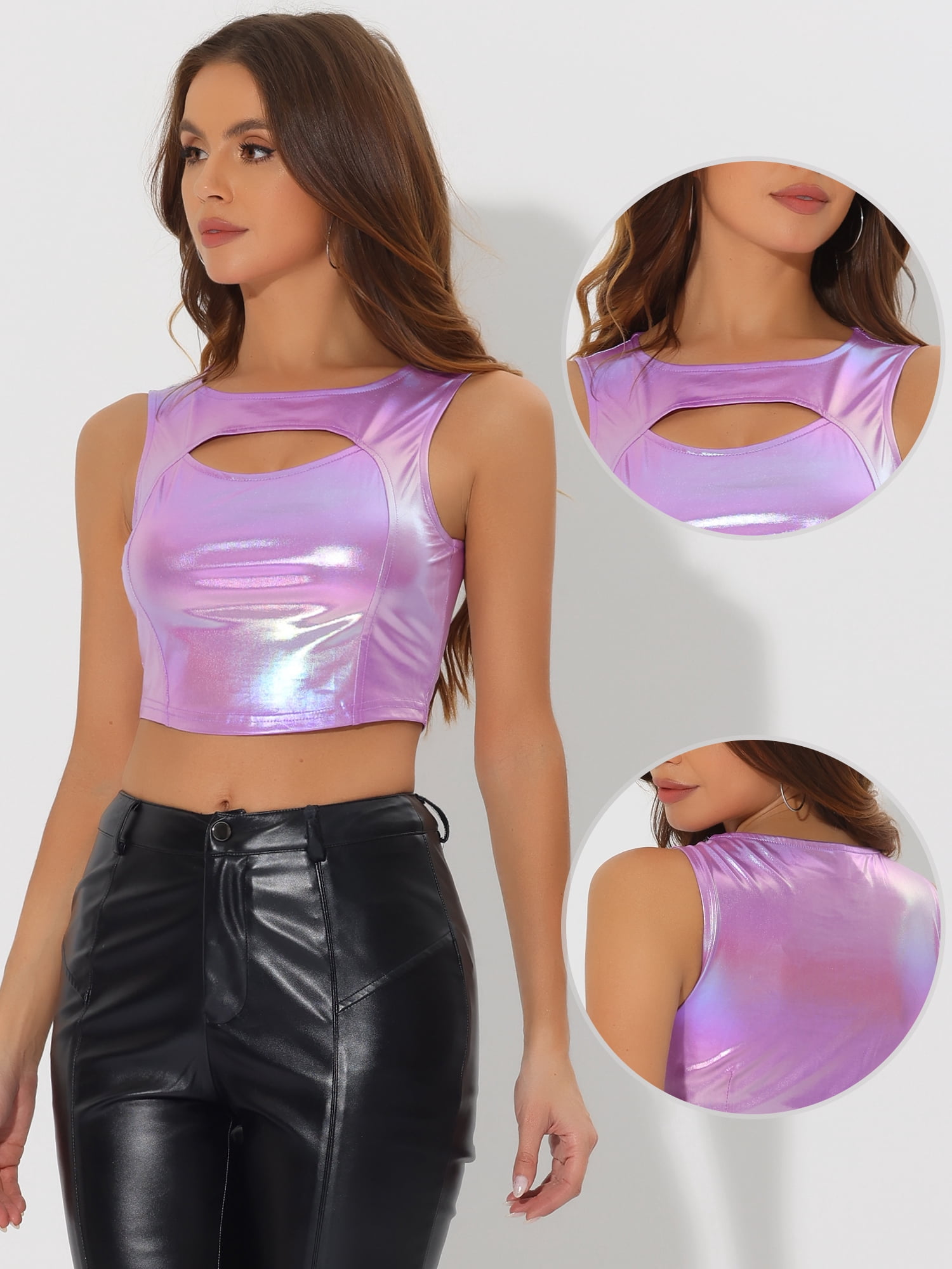 DARING DIVA Women's Shiny Metallic Crop Cut Out Party Tank Tops M Light Purple
