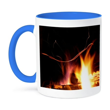 3dRose, Photograph of flickering flames from a fire in an outdoor fireplace., 15oz Two-Tone Blue Mug