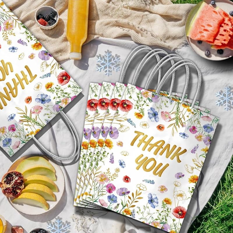 20 Pcs Thank You Party Favor Bags with Handles, Floral Design Thank You Gift Paper Bags for Birthday Baby Shower Wedding Party