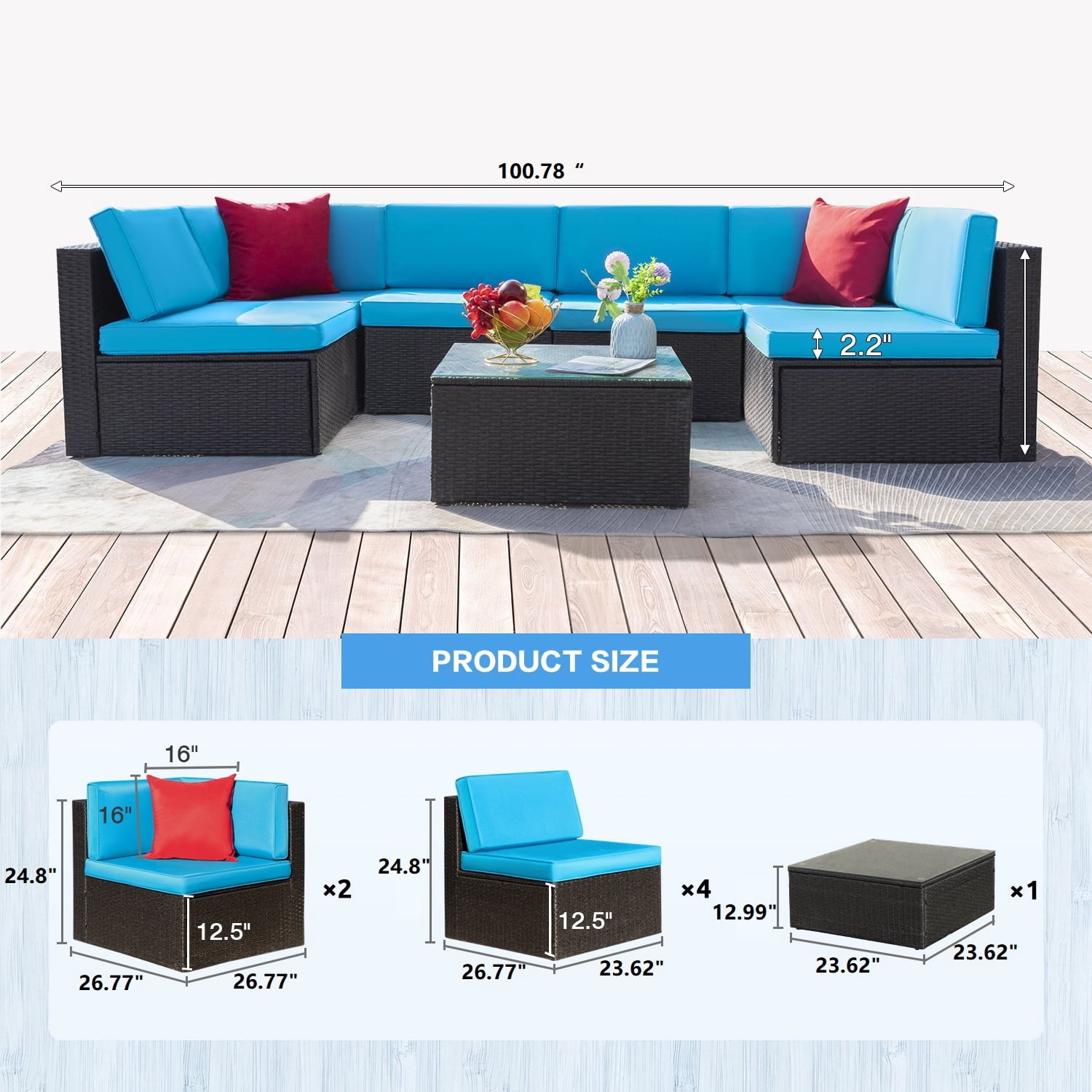Lacoo 7 Pieces Patio Conversation Sets Outdoor Sectional Sofa Set PE Rattan Seating Group with Cushions and Table Blue