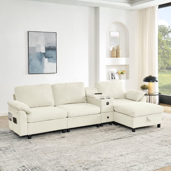 108.5" Modular Sectional Sofa Couches with Storage Chaise and USB Charging, L Shaped Corduroy Couch for Living Room, Sofa with Cup Holder Console and Hidden Storage, Beige