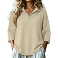 thumbnail image 3 of CFLVAEK Waffle Sweatshirt for Women Casual 3/4 Sleeve Pullover Tops Loose Fit Button Up Lapel Sweatshirts Trendy Summer Fall Top Khaki L, 3 of 9