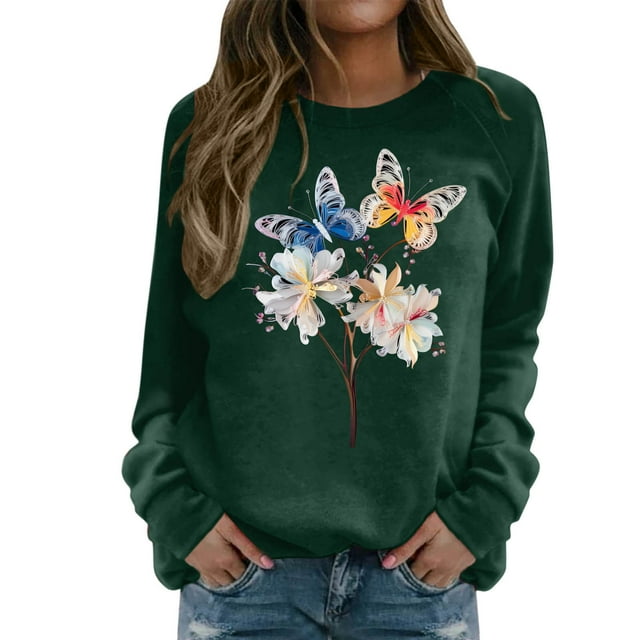 VBARHMQRT Orange Hoodie Women's Casual Round Neck Raglan Long Sleeved Colorful Feather Print Pullover Sweatshirt Sweater