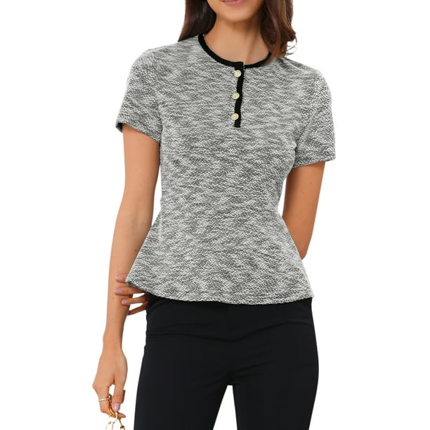 INSPIRAR CHIC Top de Tweed para Mujeres, Blusas de Oficina con Cuello Redondo de Cuadros, Manga Corta, Peplum, S Negro