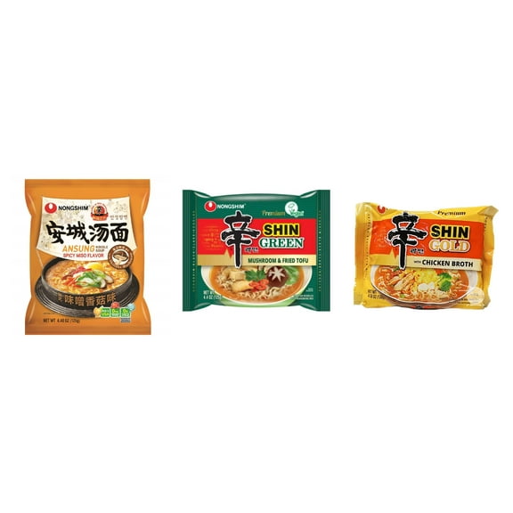 3 Pack Korean NongShim Gourmet Spicy Shin Instant Ramen Noodle, 3 Flavors(Ansung,shin Green,shin gold) Plus NineChef Brand Long Handle Coffee Spoon