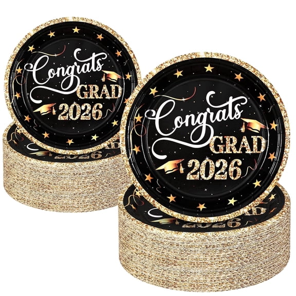 DAZLUTE 100PCS Graduation Paper Plates Disposable Party Supplies Class of 2026 Graduations Congrats Grad Favors(Black)