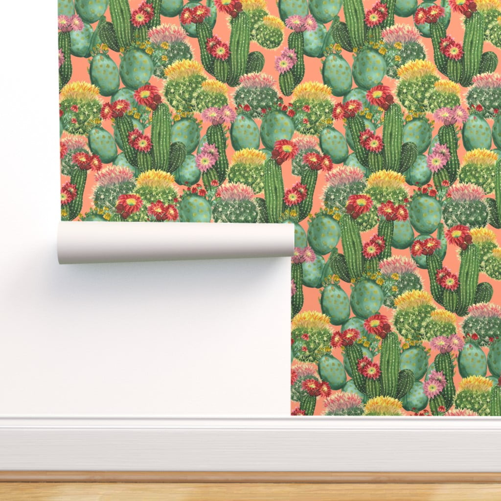 Peel & Stick Wallpaper 9ft x 2ft - Pink Cactus Succulent Tropical