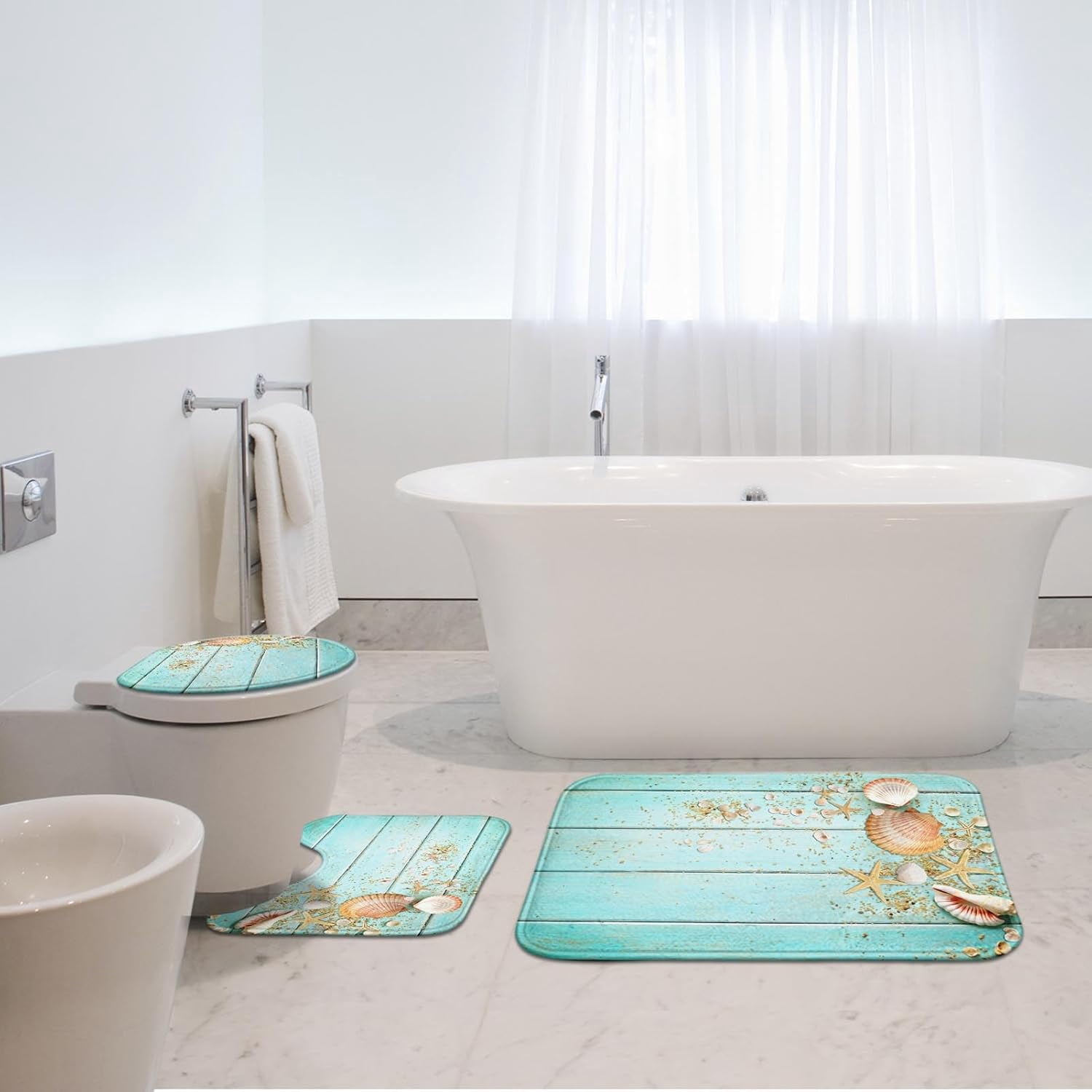 Beach Seashell Bathroom Rug Set of 3, 3 Pieces Bath Mats Set, Summer Non-Slip Washable Cover Floor Rug Decorations for Kitchen Bathroom Bedroom