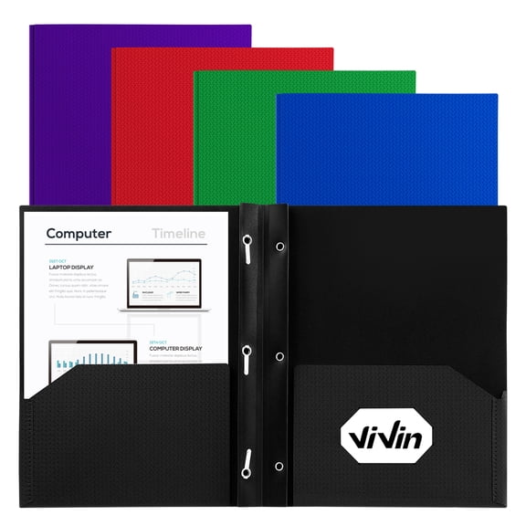 Vivin 10-Pack Plastic Folders with 3 Prongs and 2 Pockets, Assorted Color Lighting Pattern