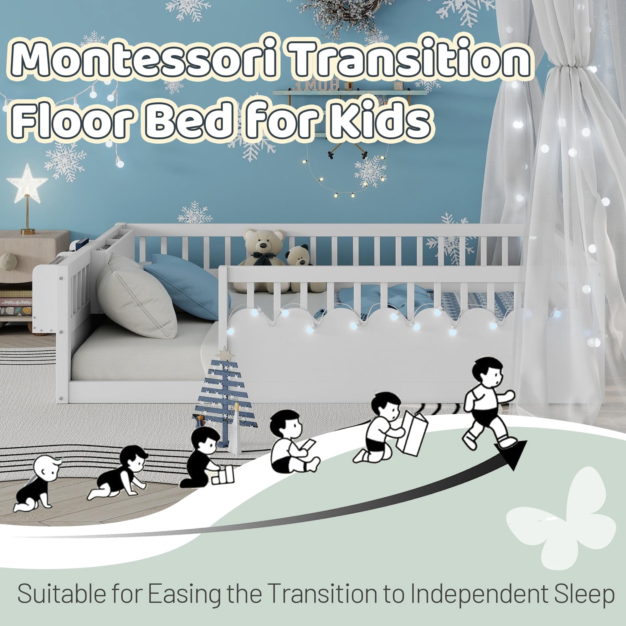 Mirightone Twin Montessori Floor Bed with Rails and Storage Shelf, Wood Floor Beds Frame with Light for Boys Girls, White