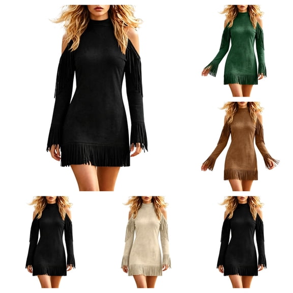 SAWOBUUN Womens Western Cowgirl Fringe Mini Dress Cold Shoulder Long Sleeve Faux Suede Tassel Bodycon Dress