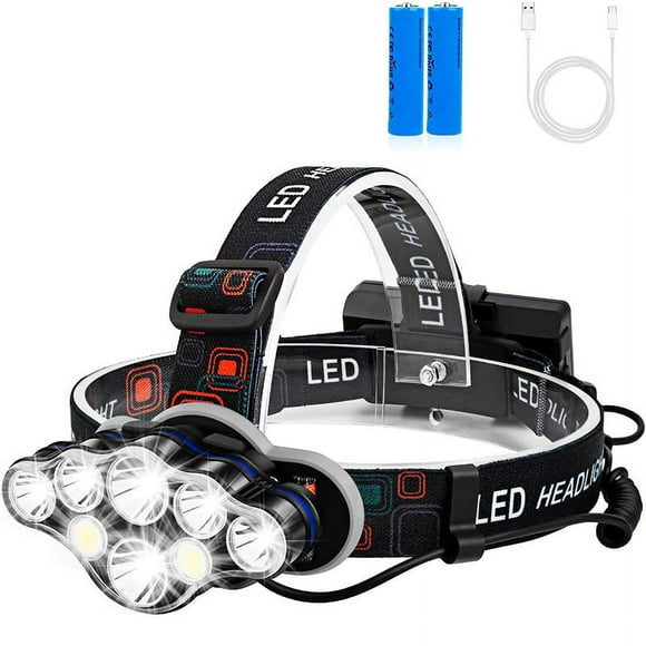 Super bright 8 LED headlamp, adjustable, USB rechargeable, ideal for camping, fishing, caving, jogging and hiking.