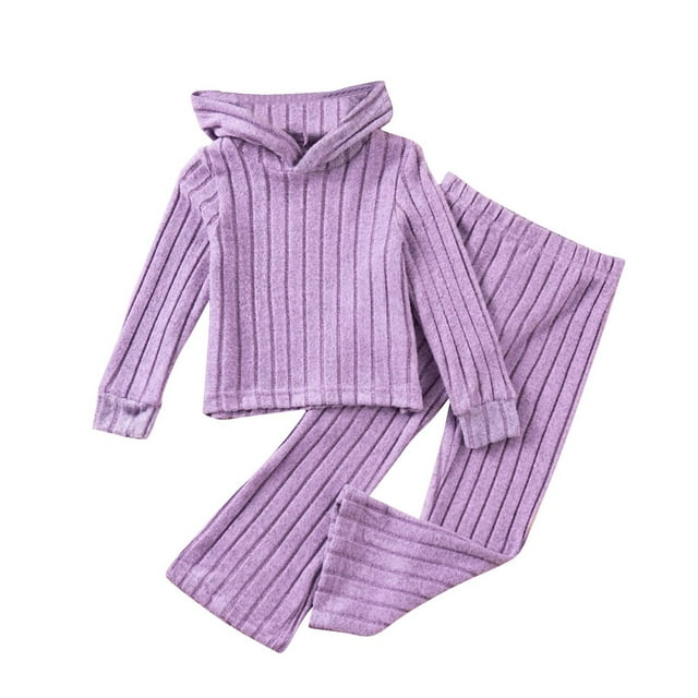 ZACPNCV Toddler Girl Fall Clothes Set Long Sleeve Ribbed Knit Tops Pants Set Solid Color 2-Piece Outfit for Kids Purple 5-6 Years