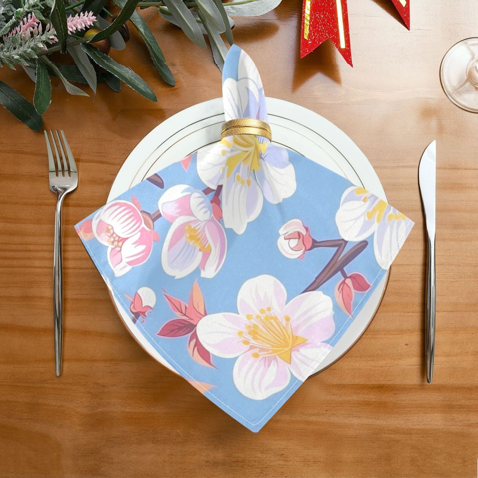JSTEL Colorful Cherry Blossom Flower Cloth Napkins Set of 6, 20x20 Inch Washable and Reusable Napkin for Decoupage Dinner Party Everyday Use