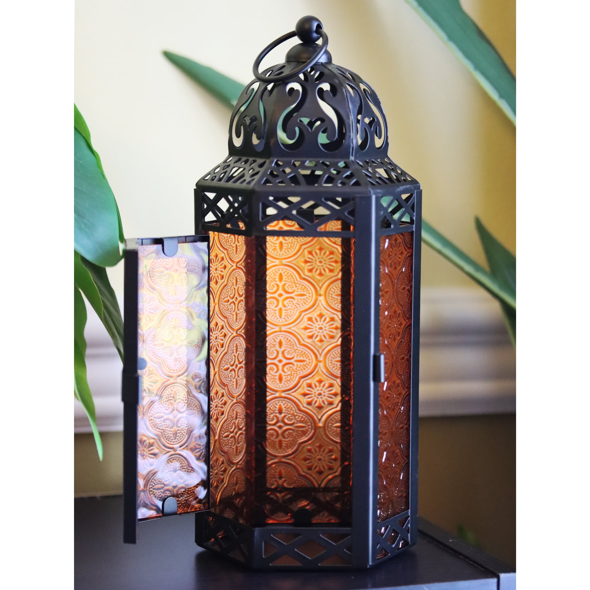 Marrakesh Lantern with String Lights, Amber