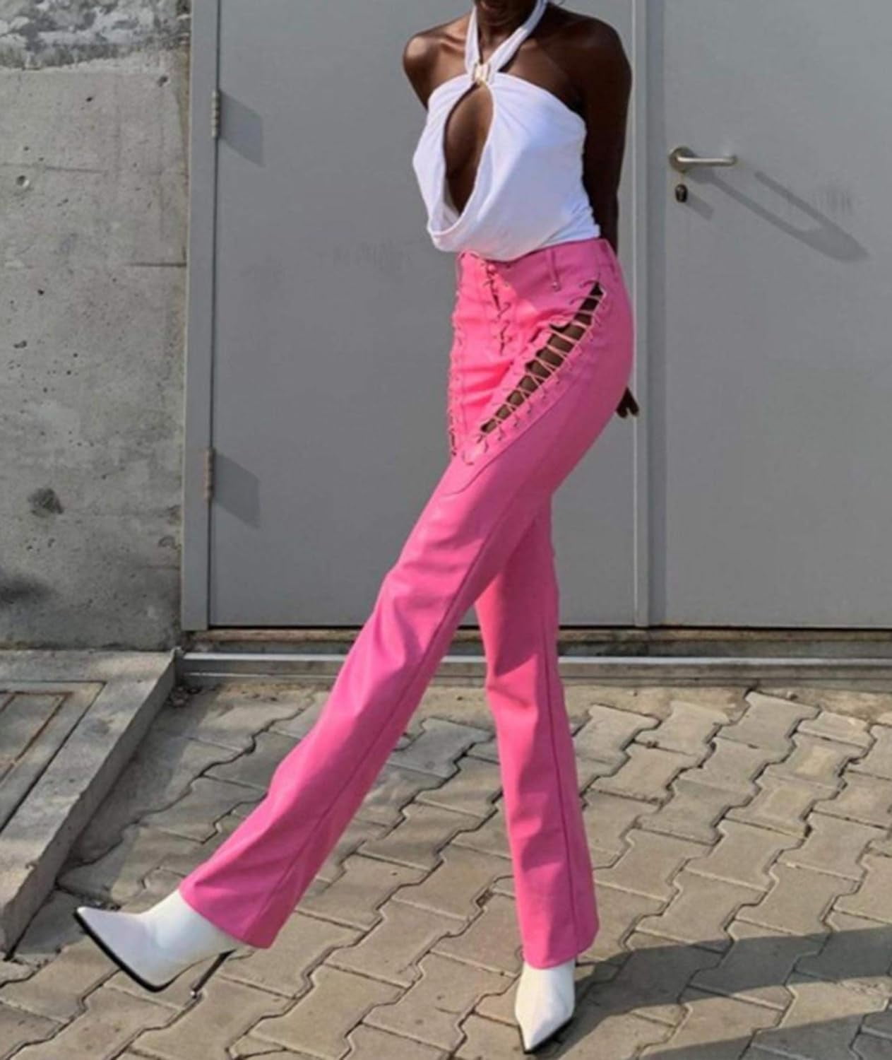HLSOHJP Women's Lace Up PU Leather Pants Chic High Waist Hollow Out Drawstring Bandage Cut Out Faux Leather Trousers