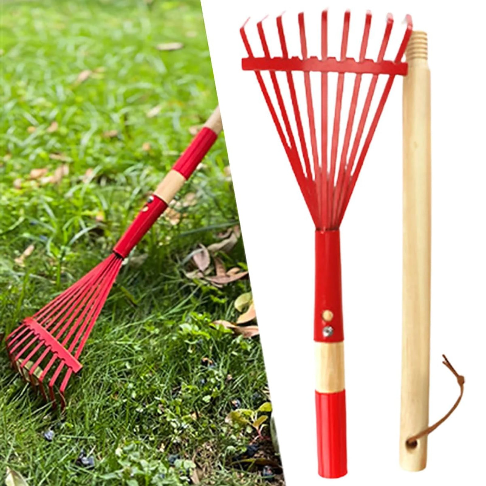 Elysian Clearance Weed Puller Tool,Garden Rake & Leaf Set Agricultural Tool for Leaf & Hay Raking Wooden Handle 9 Tine Rake for Kids' Play & Household Use 2 Piece Gardening Kit Red 70X14CM