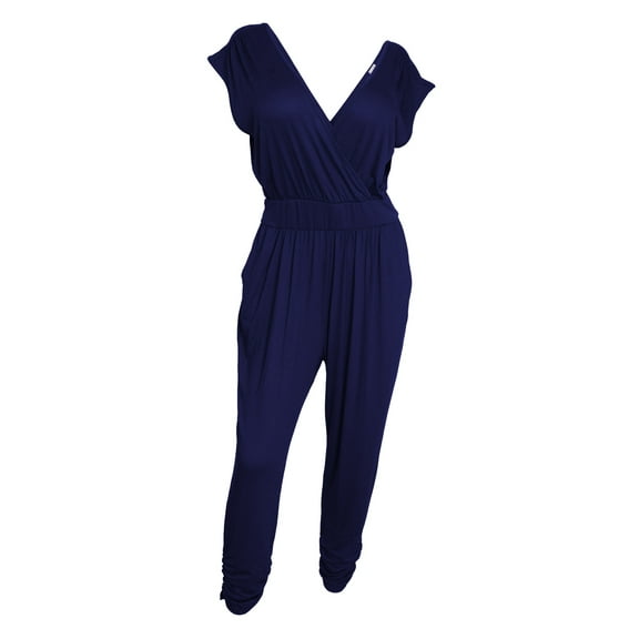 eVogues Plus Size Deep V-Neck Jumpsuit Navy 19713
