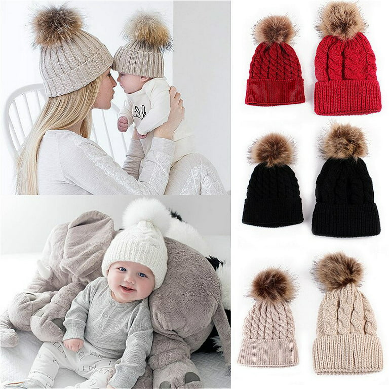 Parent-child Beanie Hats Set for Winter Skiing - Mama and Mini, Soft Headwear with Fur Ball, Thickened Knitted for Warmth and Christmas Gifts (2pcs