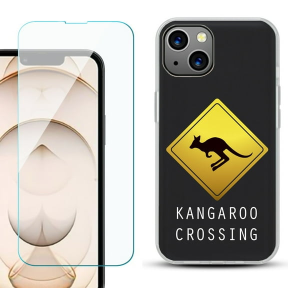Slim-Fit Flexible TPU Gel Phone Case for iPhone 13, with Tempered Glass Screen Protector, by OneToughShield ® - Road Sign Kangaroo