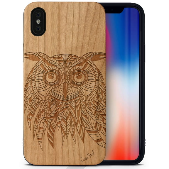 Case Yard Wooden Case Outside Soft TPU Silicone, Slim Fit Shockproof Wood Protective Phone Cover for Girls Boys Men and Women, Supports Wireless Charging Owl Design case for iPhone-XS-Max