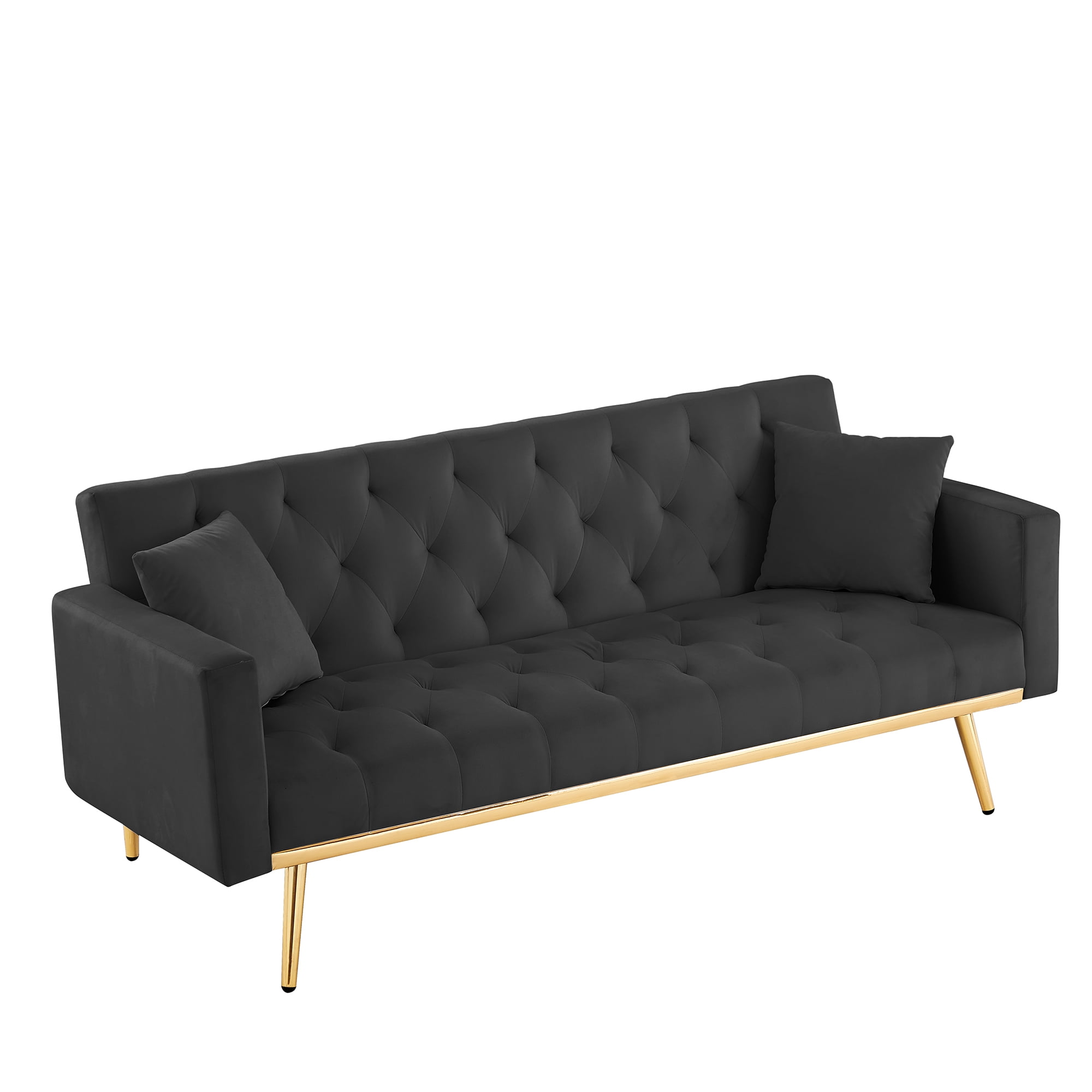 Kadyn Velvet Upholstered Sofa, Modern Convertible Folding Futon Sofa Bed for Apartment, Living Room Sofa with 2 Throw Pillows, Black