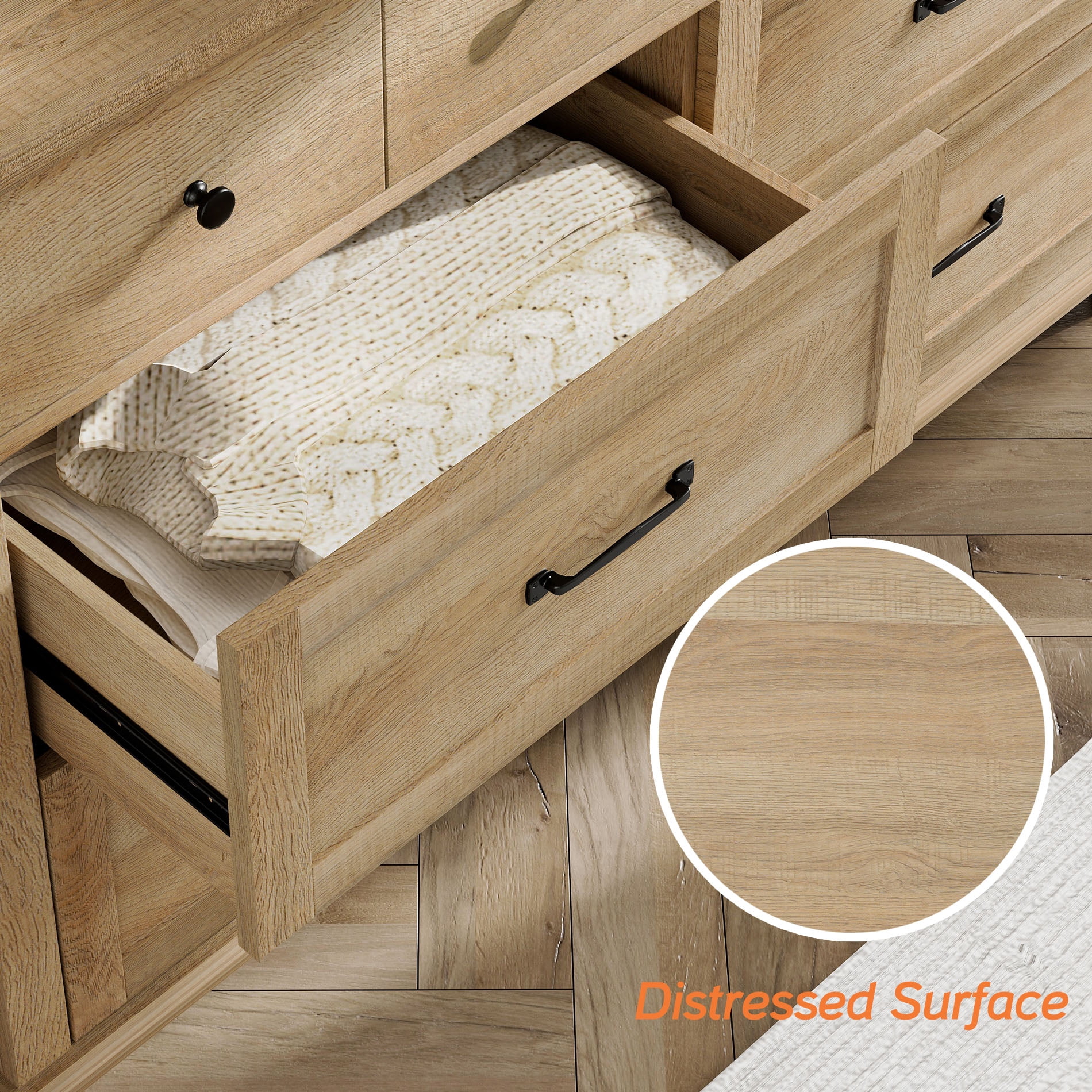 2 Piece Dresser Set, 6 Drawer Dresser & 5 Drawer Dresser, Wooden Storage Organizer for Bedroom Living Room, Oak