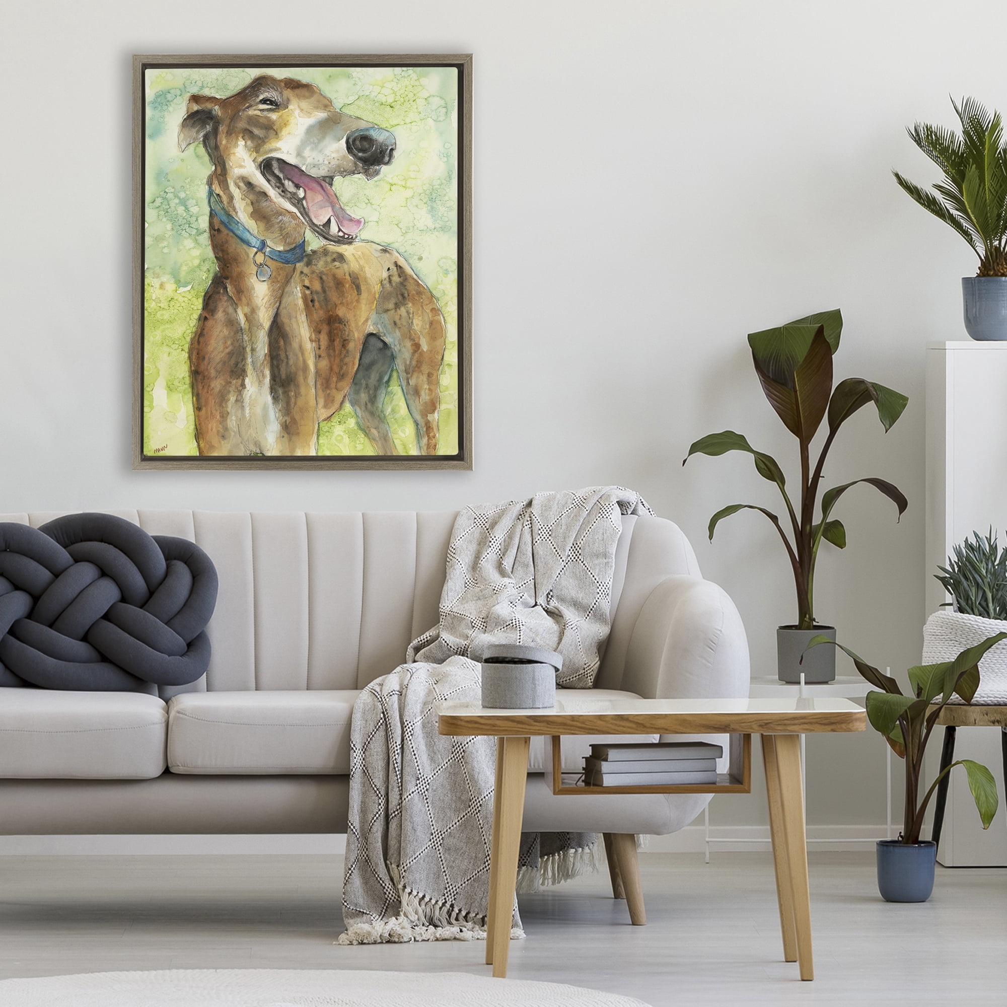Stupell Industries Greyhound Smile Watercolor Brown Framed Floater Canvas Wall Art, design by Patti Mann