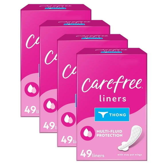 Carefree Panty Liners for Women, Thong Liners, Unwrapped, Unscented | Pantiliners, Carefree Liners, Daily Liners for Women, Light Periods and Leaks | 196ct (4 Packs of 49ct) (Packaging May Vary)