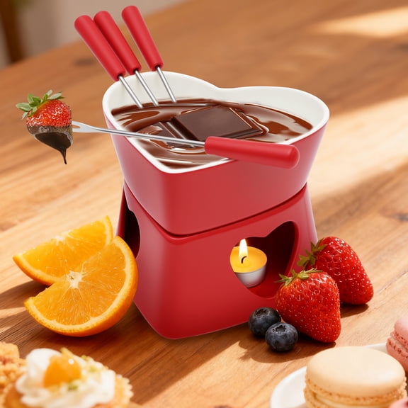 Austok Ceramic Chocolate Fondue Set Heart Shaped Chocolate Melting Pot Porcelain Cheese Melting Pot with 4 Fork 320 ml Mini Heat Resistant Burner Tea Light Fondue for Sweet Butter Cheese