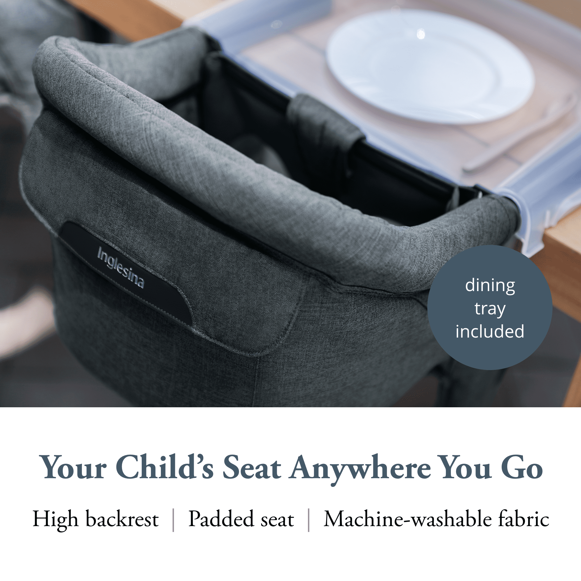 Inglesina - Fast Table Chair with Fast Tray: Hook On Portable High Chair for Babies and Toddlers, Damage Free Travel Booster Seat for Restaurant Use - Includes Snap On Tray, Charcoal Gray Mélange