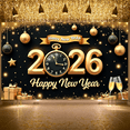 thumbnail image 5 of Gold Theme Happy New Year Banner Black Background 2026 New Year Display Clock Design Gift Boxes New Year Backdrop for New Year Party Holiday Celebration New Year Eve, 5 of 9