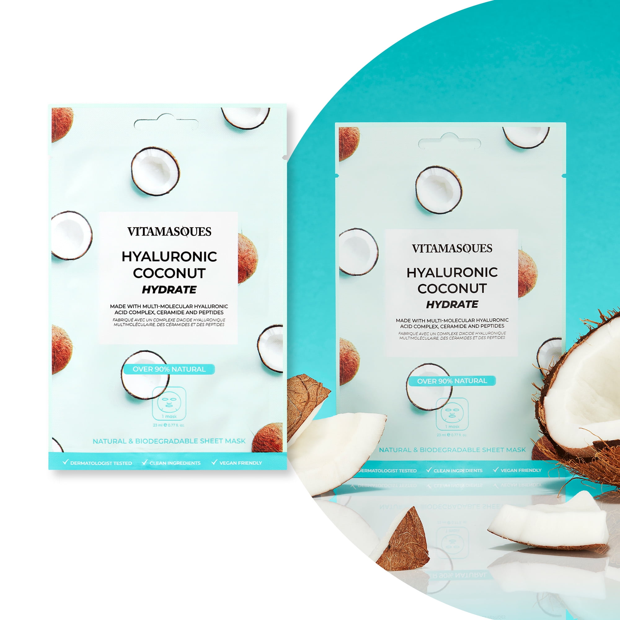 Vitamasques Biodegradable Coconut Face Mask, Hydrating Hyaluronic Acid, One Sheet Mask