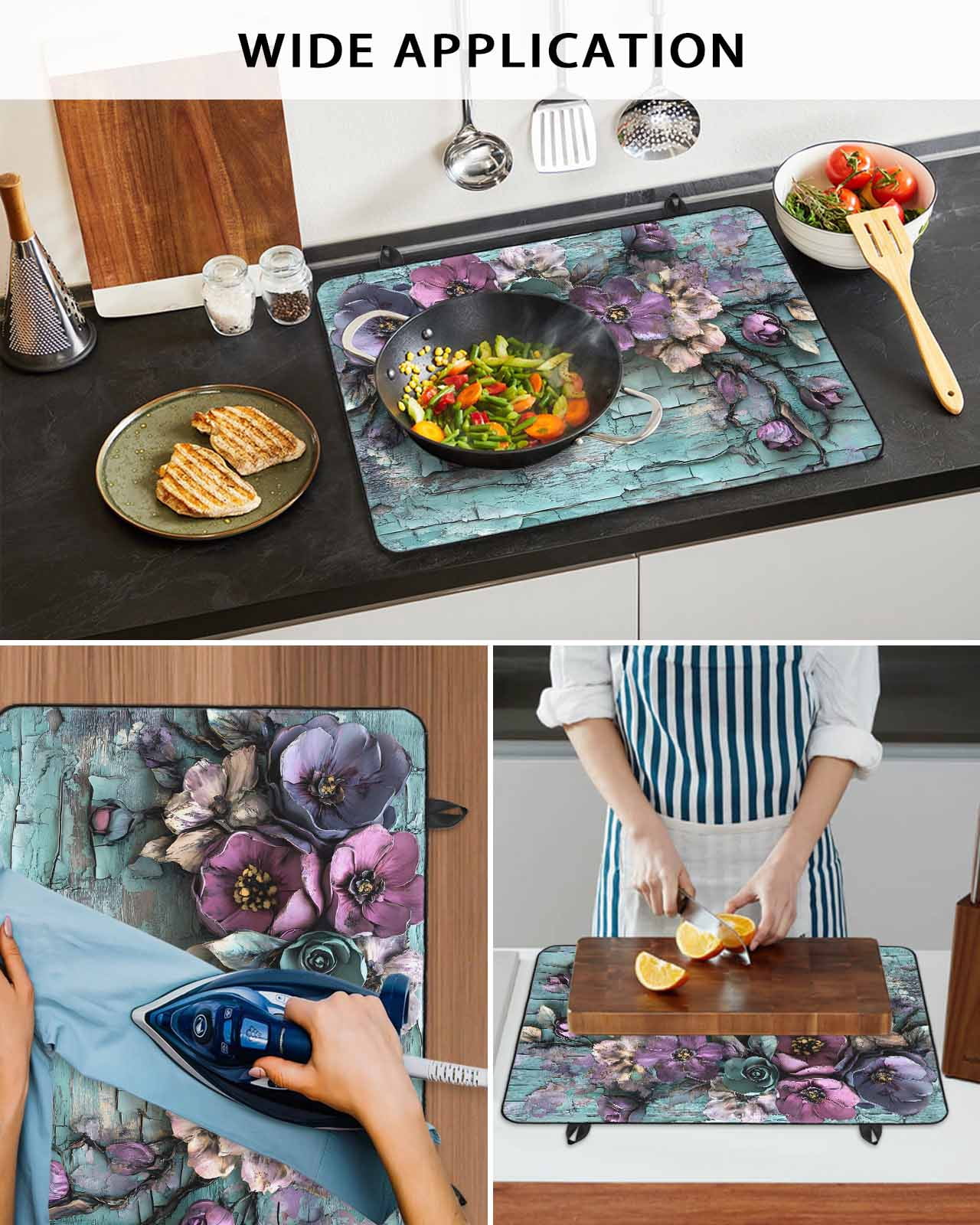 nqOlkjepod Large Induction Cooktop Protector Mat 24"x21", Spring Floral Stove Top Covers for Electric Stove, Blue Mottled Walls Vintage Garden Pastoral Stove Burner Cover Mats, Glass Top Stove Cover