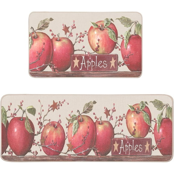 Apples Farmhouse Kitchen Mats Set of 2-17x29 and 17x47 Inch, Decorative Non Slip Backing Floor Rugs for Home Kitchen