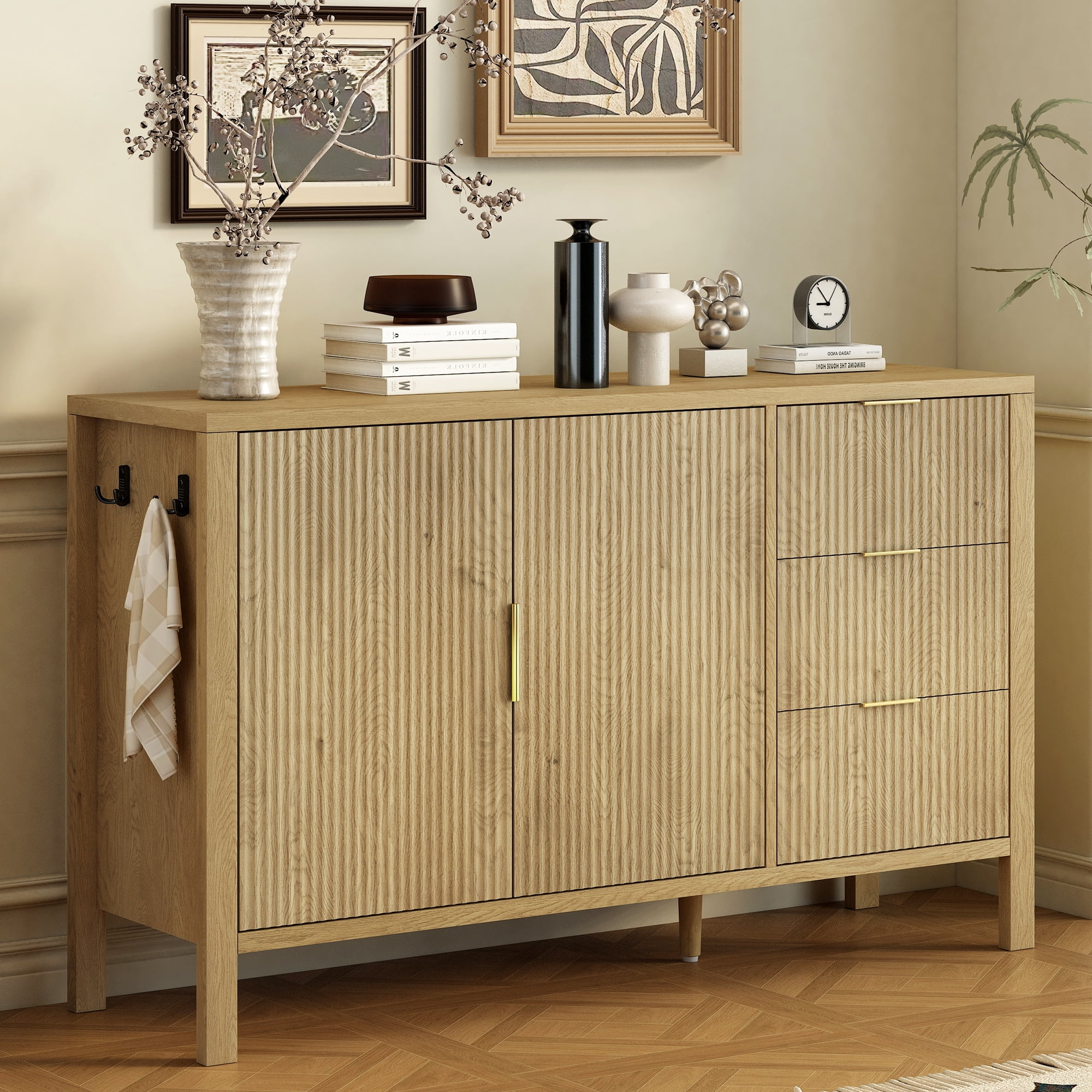 Sideboard with 3 Drawers, Large Storage Buffet Cabinet with Hooks and Extra Center Leg, Suitable for Living Room, Entryway, Hallway