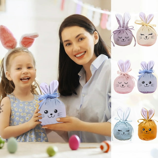 Bolsa De Tela Para Dulces Bolsa de regalo de conejo de Pascua de terciopelo azul claro con cordón, bolsas de dulces para la búsqueda de huevos de Pascua, suministros para fiestas (1 unidad) JASKFLY