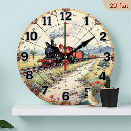 10-inch 2D flat Colorful Steam Train theme wooden silent wall clock. Ideal gift for Halloween/Easter/Christmas. Suitable for modern home decoration and art style.