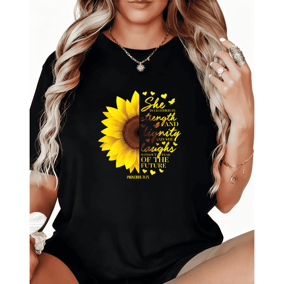 Women's Black Print Tshirt Graphic Tees Shirts S - 5XL Religious Sunflower Strength Tops
