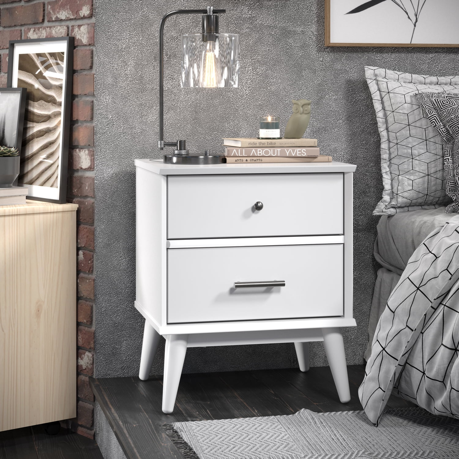 Camaflexi Mid Century 2 Drawer Night Stand Solid Wood, White