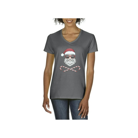 MmF - Women's T-Shirt V-Neck Short Sleeve - Santa Christmas Skull