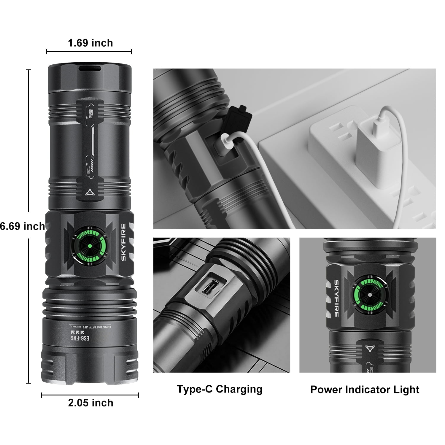 SKYFIRE 1850 Lumens Rechargeable LED Flashlight, 6 Modes Zoomable Lighting, Type-C Charging with Power Indicator, 64H Long Runtime for Farm Patrol, Camping, Hiking and Daily Emergency