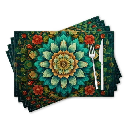 

BaHomeck placemats Set of 4 rectangle Linen Cotton Placemats for Dining Table Washable Heat Resistant 18*12inch Intricate Mandala With Vibrant Colors Featuring Blooming Flowers And Leaves